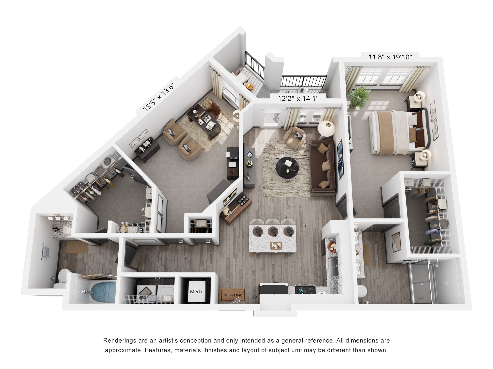 Floor plan for 2 beds, 2 baths, 1198 sqft